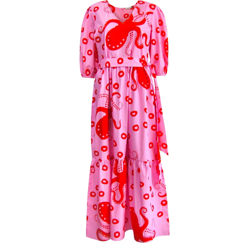 New Maude Vivante Pink Red Octopus Molly Maxi Dress Size Small